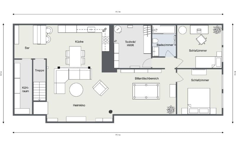 Offener Keller Grundriss mit Heimkino, Küche, Bar, Billardbereich, zwei Schlafzimmern und Badezimmer