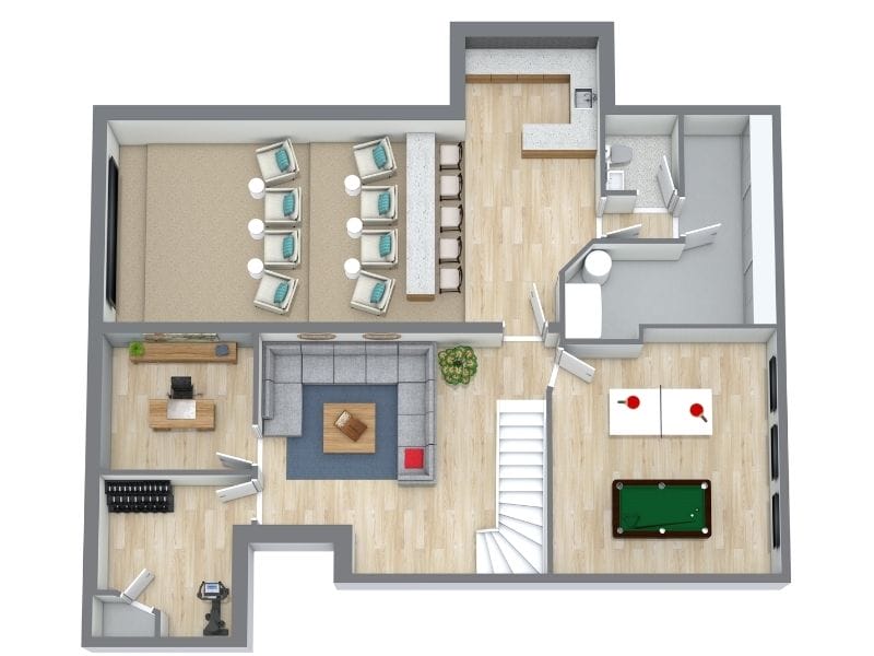 Kellergrundriss mit Heimkino, Bar, Billardbereich, Familienzimmer und Homeoffice