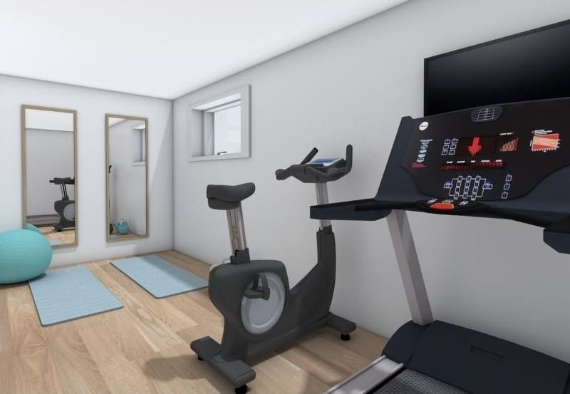Kellergrundriss mit Fitnessraum mit Laufband und Heimtrainer