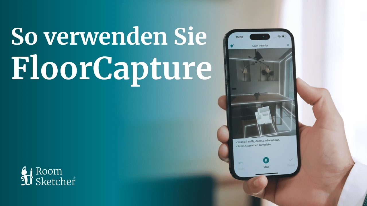 Person hält ein iPhone und verwendet RoomSketcher FloorCapture, um einen Raum zu erfassen und daraus einen Grundriss zu erstellen.