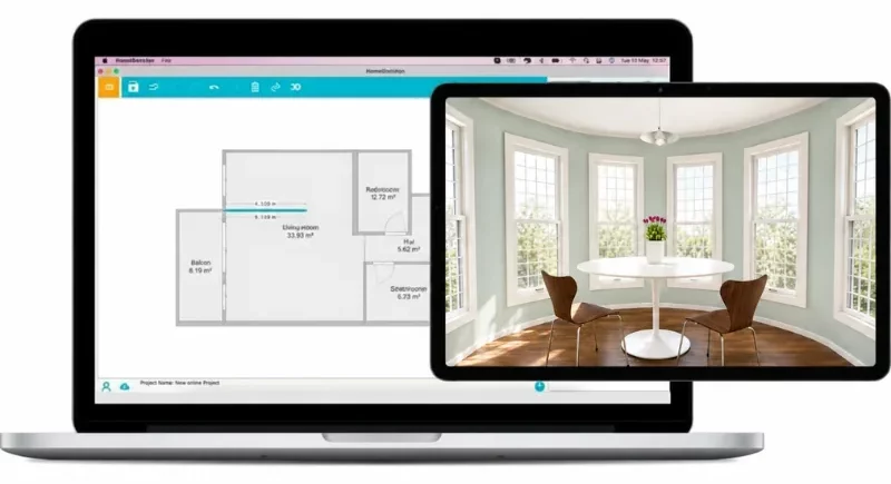 Laptop und Tablet mit RoomSketcher; auf dem Laptop ist ein 2D-Grundriss zu sehen, auf dem Tablet eine helle 3D-Visualisierung eines Essbereichs mit großen Fenstern.