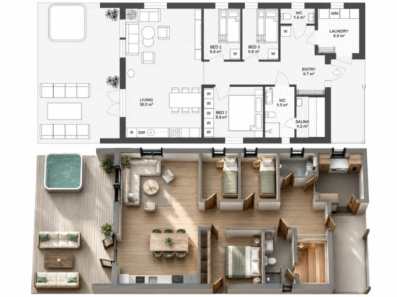 Vergleich eines Wohnungsgrundrisses in 2D und 3D mit Wohn- und Essbereich, drei Schlafzimmern, Küche, Bädern, Sauna, Hauswirtschaftsraum und Terrasse mit Whirlpool.