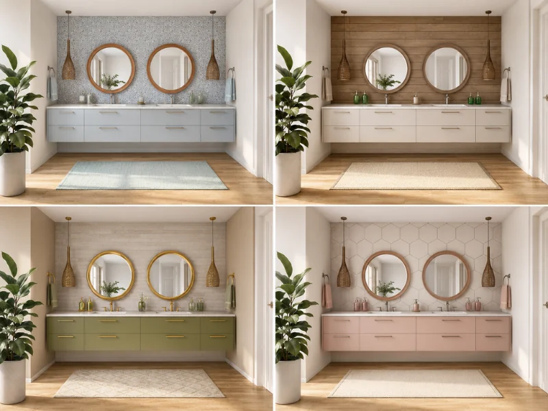 Vier Varianten eines modernen Badezimmers mit Doppelwaschtisch und runden Spiegeln, jeweils mit unterschiedlichen Wand- und Schrankmaterialien in Grau, Holz, Olivgrün und Rosa.