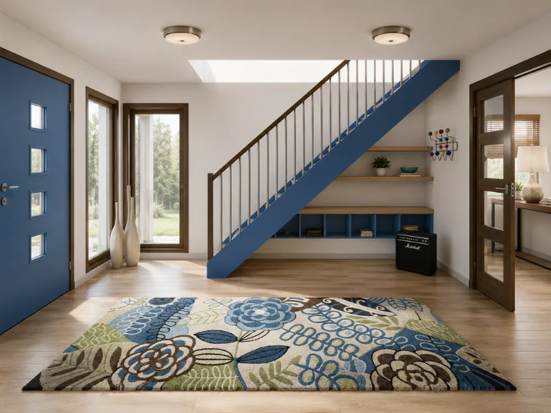 Moderner Eingangsbereich mit blauer Treppe, passender Haustür, gemustertem Teppich, Holzboden und eingebauter Sitzbank mit Regalen.