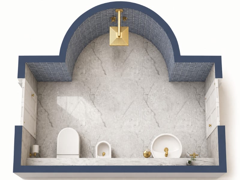 Draufsicht auf ein modernes Badezimmer mit halbrunder Dusche, marmorierten Oberflächen, freistehender Badewanne, Toilette und goldfarbenen Armaturen.