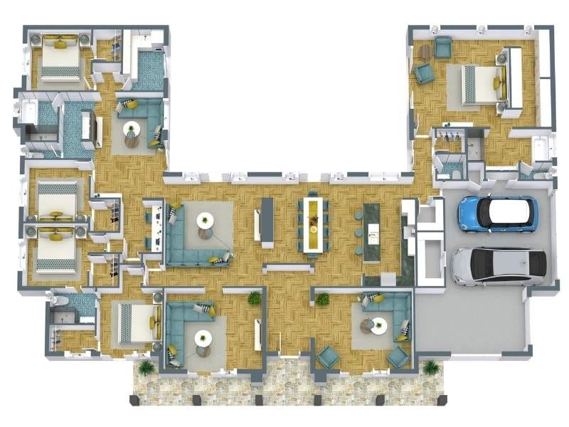 Grundriss für ein einstöckiges Haus mit offenem Wohn- und Essbereich, großer Küche, mehreren Schlafzimmern, Terrasse und Doppelgarage