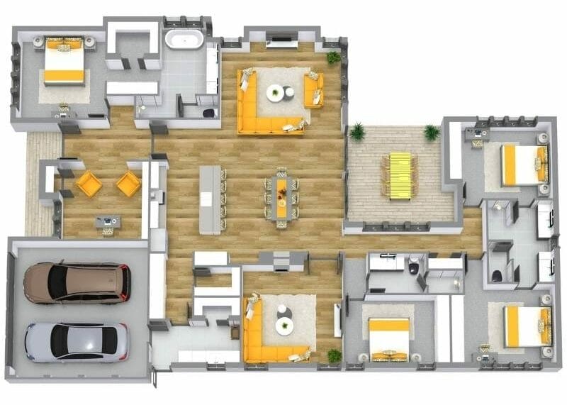 Grundriss für ein einstöckiges Haus mit offener Wohnküche, zwei Wohnbereichen, vier Schlafzimmern, zwei Bädern, Terrasse und Doppelgarage