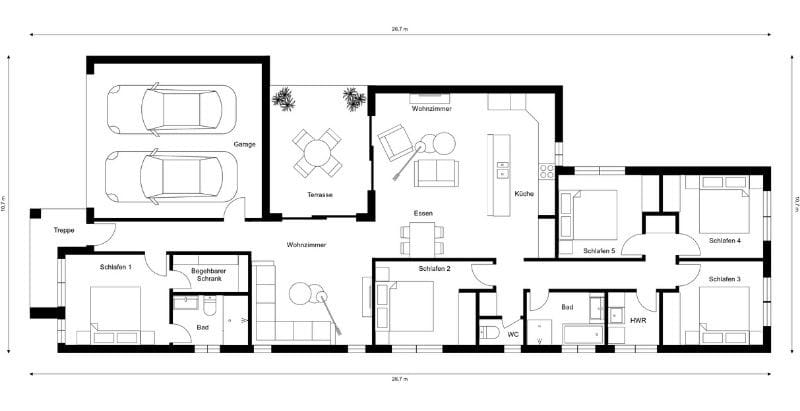 Grundriss eines einstöckigen Hauses mit Doppelgarage, Terrasse, offenem Wohn-Essbereich, 5 Schlafzimmern, Bad und Gäste-WC