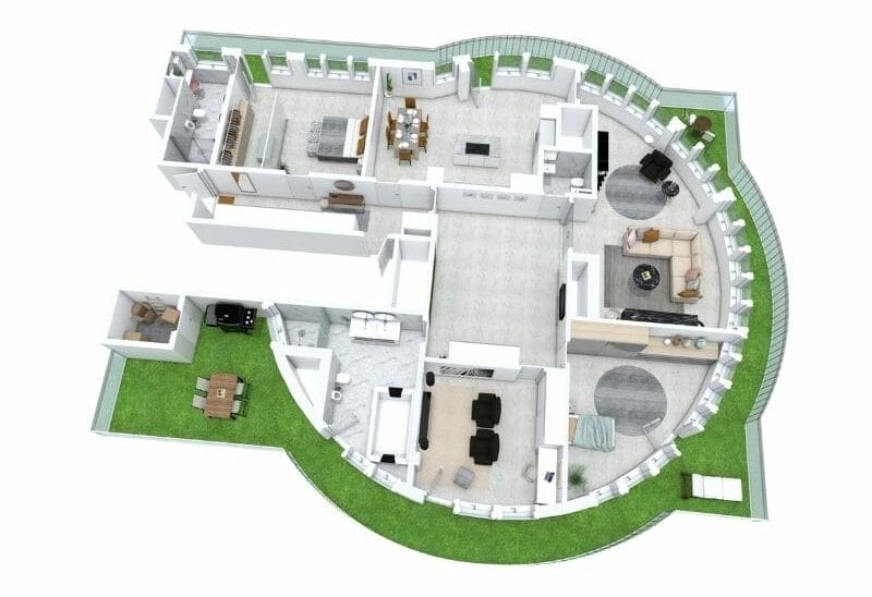 Runder Grundriss eines einstöckigen Hauses mit offenen Wohnbereichen, großem Schlafzimmer, vielen Fenstern und umlaufender Terrasse