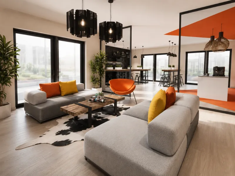 Moderner Wohnbereich mit zwei grauen Sofas, orange-gelben Kissen, einem orangefarbenen Sessel, Holztischen, großen Fenstern und offener Küche im Hintergrund.