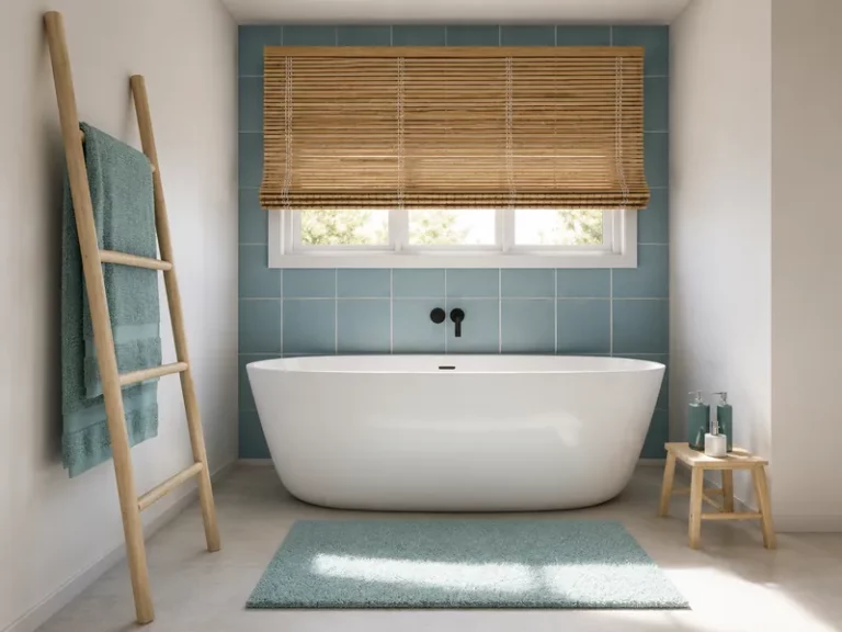 Helles modernes Badezimmer mit freistehender weißer Badewanne, hellblauer Fliesenwand, Bambusrollo, Holzleiter mit Handtüchern und kleinem Holzhocker.