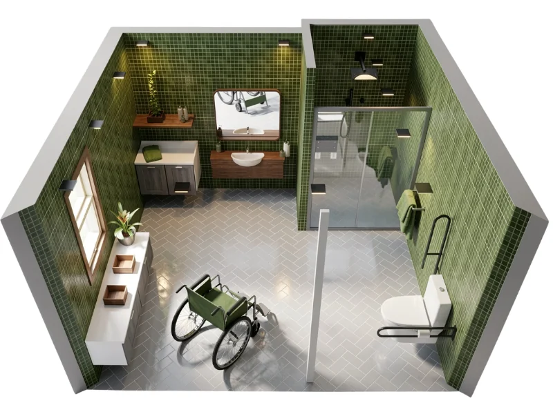 Dreidimensionale Ansicht eines barrierefreien Badezimmers mit grünen Fliesen, rollstuhlgerechtem Waschbecken, Toilette mit Haltegriffen und bodengleicher Dusche.