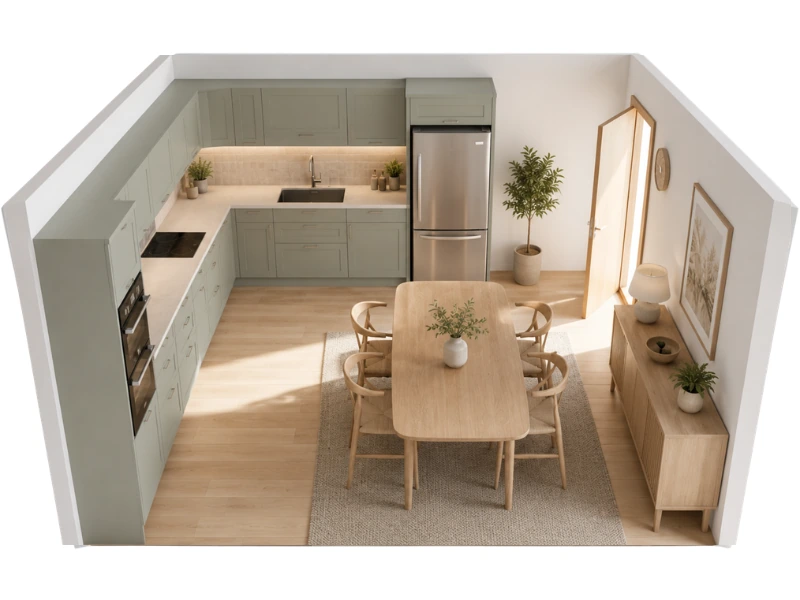 Dreidimensionale Ansicht einer hellen Küche mit hellgrünen Schränken, Edelstahlkühlschrank, Holztisch, sechs Stühlen und Sideboard.