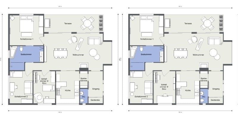 Grundriss für ein 4-Zimmer-Haus mit 3 Schlafzimmern oder 2 Schlafzimmern und Büro, dargestellt in zwei Varianten