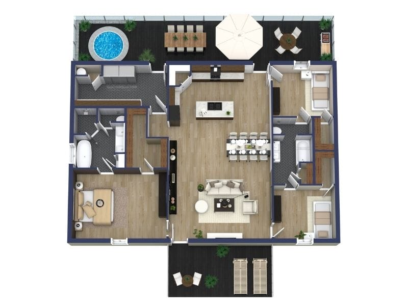 Grundriss für ein Haus mit 3 Schlafzimmern und 2 Bädern, offenem Wohn- und Essbereich sowie großer Küche