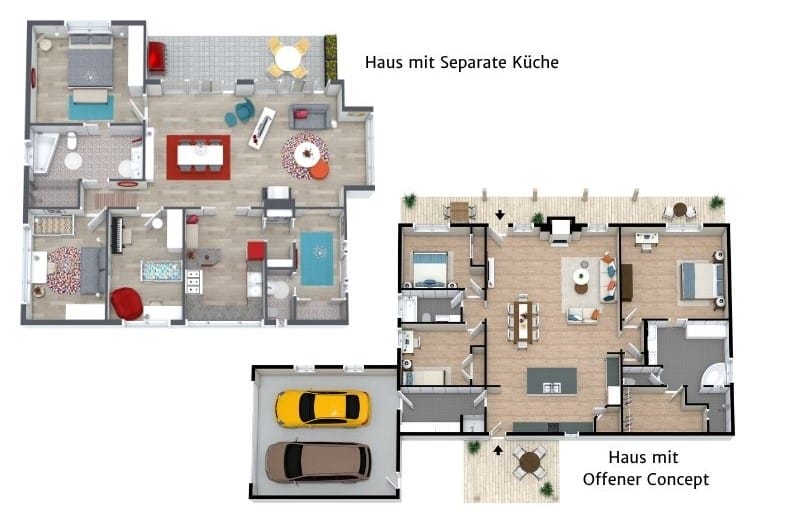 Grundrisse für Häuser mit offenem Konzept oder separater Küche im Vergleich, jeweils mit 3 Schlafzimmern