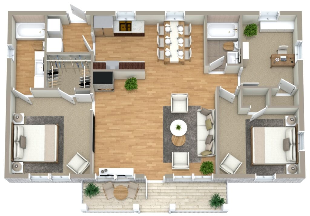 Grundriss für ein Haus mit 2 Schlafzimmern und Arbeitszimmer, großem Wohnbereich, Esszimmer und moderner Küche