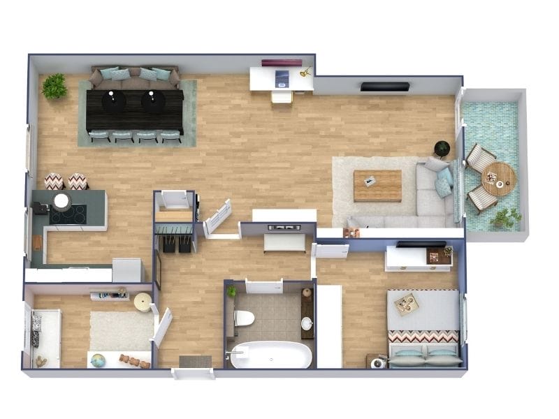 Moderner Grundriss für eine 3-Zimmer-Wohnung mit zwei Schlafzimmern, Wohnzimmer, Küche, Bad und Balkon