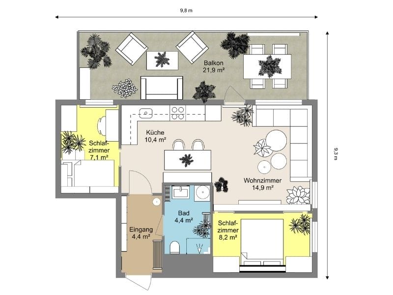3-Zimmer-Wohnung mit zwei Schlafzimmern, Wohnzimmer, Küche, Bad und großem Balkon