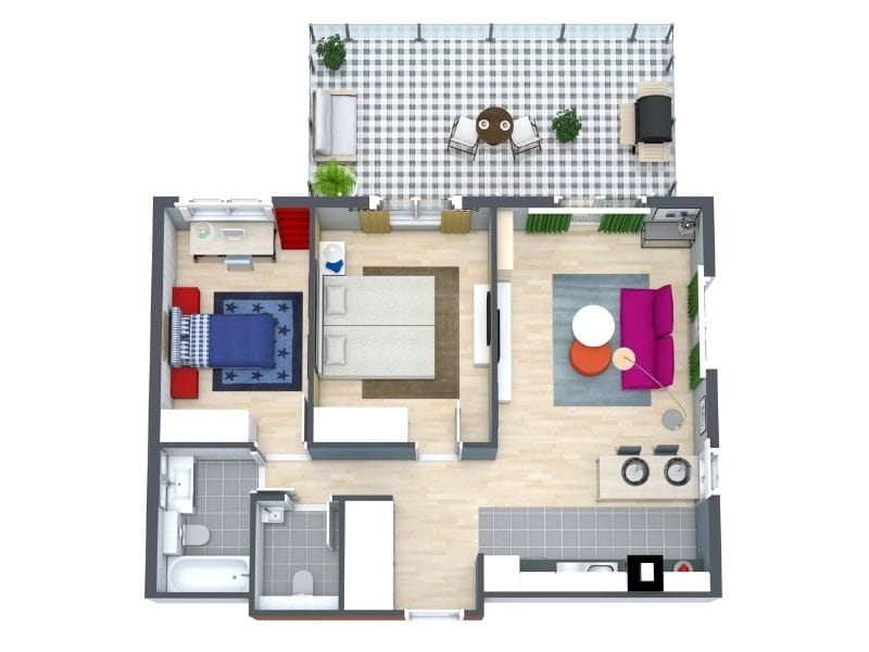 Moderner Wohnungsgrundriss mit offener Küche, zwei Schlafzimmern, Wohnzimmer und großzügigem Balkon