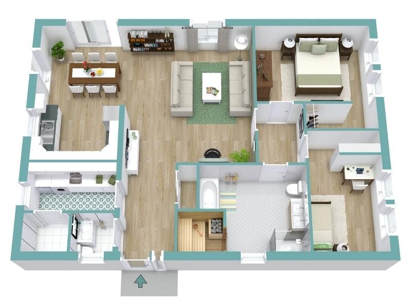 Stilvoller 3D Grundriss einer großen 3-Zimmer-Wohnung mit zwei Schlafzimmern, geräumigem Wohnzimmer, Essbereich, Küche und modernem Bad