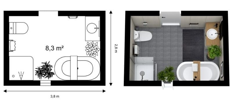 Rechteckiger Grundriss eines mittelgroßen Badezimmers mit effizienter Raumaufteilung
