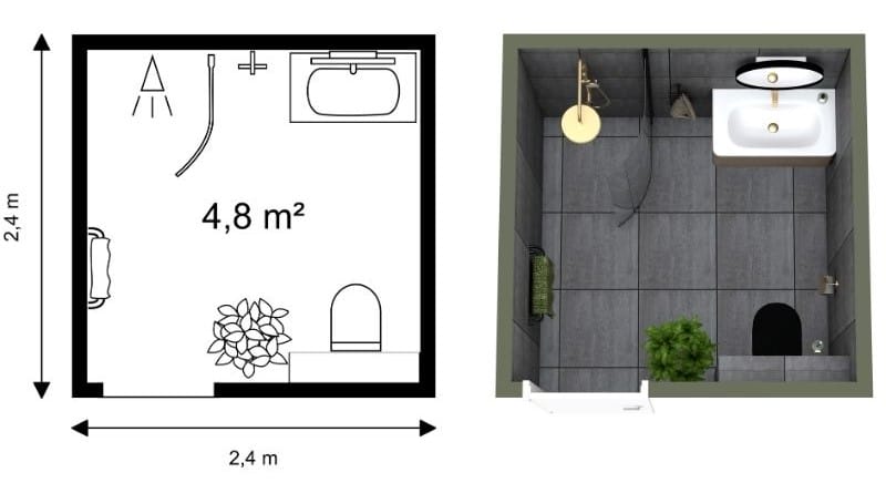 Quadratischer Grundriss für mittelgroße Badezimmer mit platzsparender Dusche