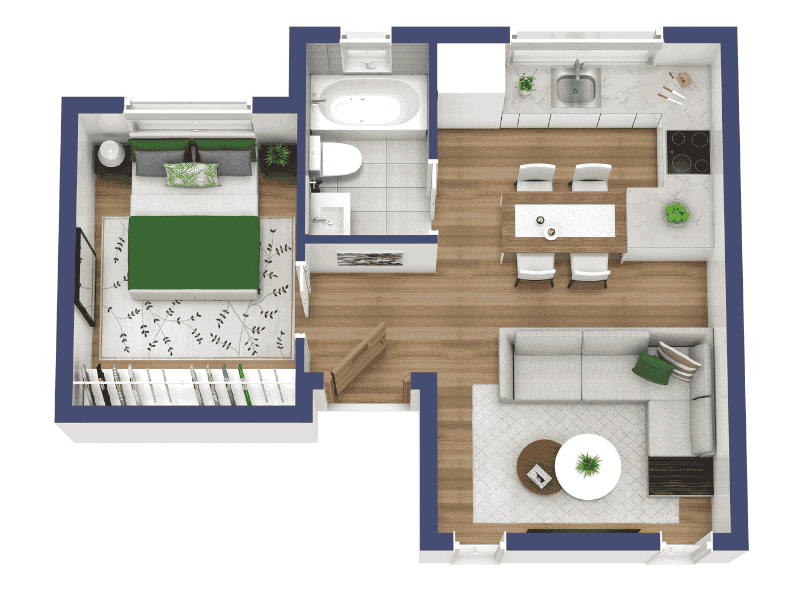 Grundriss für ein Tiny House mit Schlafzimmer, Bad, Küche und Wohnbereich