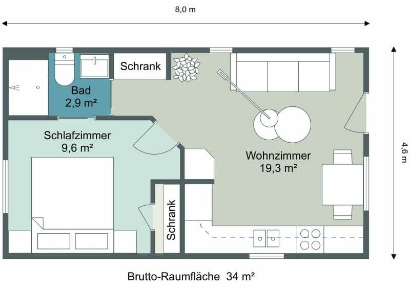 Kleines Haus mit Schlafzimmer, Bad, Wohnzimmer und Küche auf 34 m²