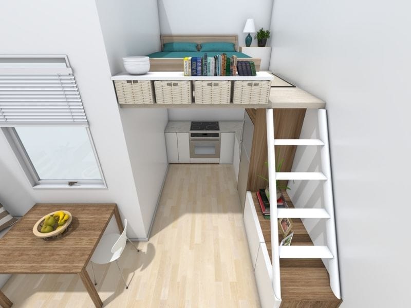 Tiny House mit Schlafzimmer-Loft, Küche und Essbereich