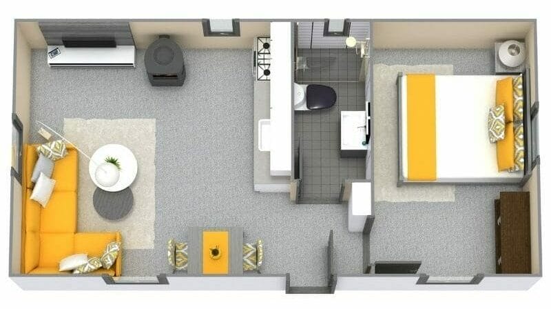 Modernes Tiny House mit Schlafzimmer, Bad, Küche und Wohnzimmer