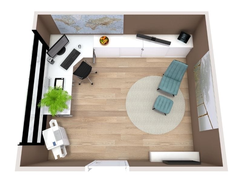 Helles Homeoffice mit Schreibtisch, Stauraum und gemütlicher Sitzecke