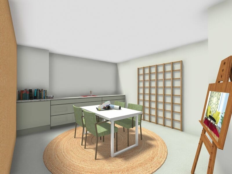 Kreativer Hobbyraum mit Tisch, Stauraum und Platz zum Malen oder Basteln