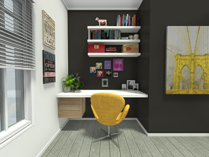Moderner Lernbereich zu Hause mit Schreibtisch, Regalen und dekorativer Wandgestaltung