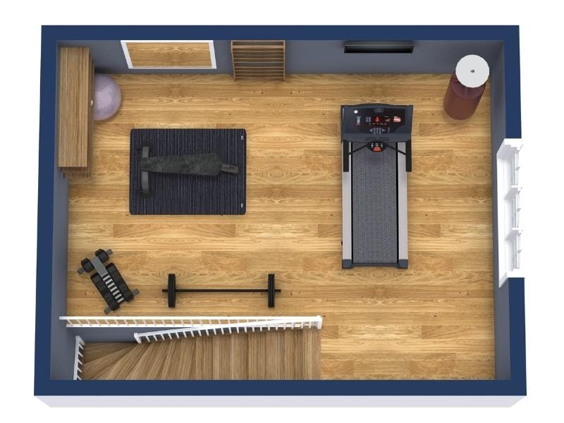 Moderner Home-Gym-Raum mit Laufband, Hanteln und Platz für Fitnessübungen