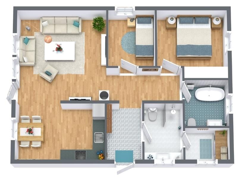 Moderner Grundriss eines Hauses mit offenem Wohn- und Essbereich, zwei Schlafzimmern für Hauspläne unter 100 Quadratmetern