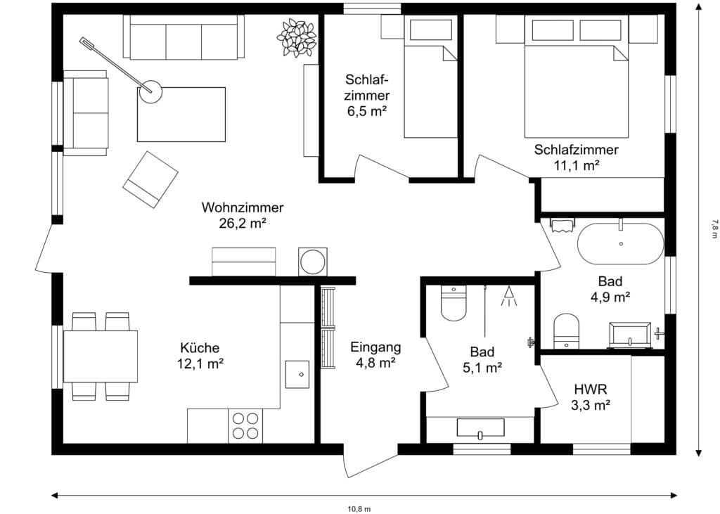 Grundriss eines 77 m² großen Hauses mit offenem Wohnbereich, Küche, zwei Schlafzimmern und zwei Bädern