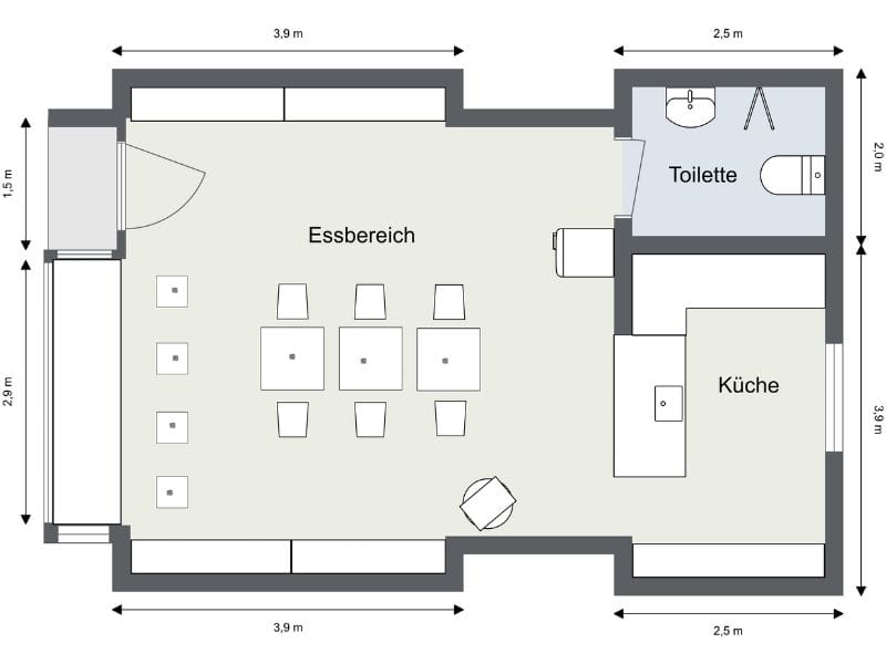 Grundriss eines Cafés mit Essbereich, Küche und separater Toilette für effiziente Abläufe