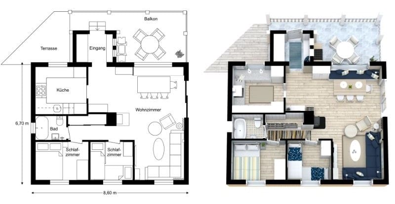 Grundriss einer Hütte mit zwei Schlafzimmern, offenem Wohn- und Essbereich sowie Terrasse
