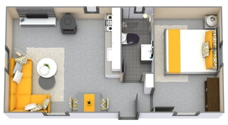 Modernes Tiny House mit Schlafzimmer, Bad, Küche und Wohnzimmer