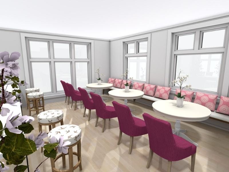 Grundriss für ein Café mit gemütlichem Innenbereich, Sitzbänken und modernen Akzenten in hellem Design