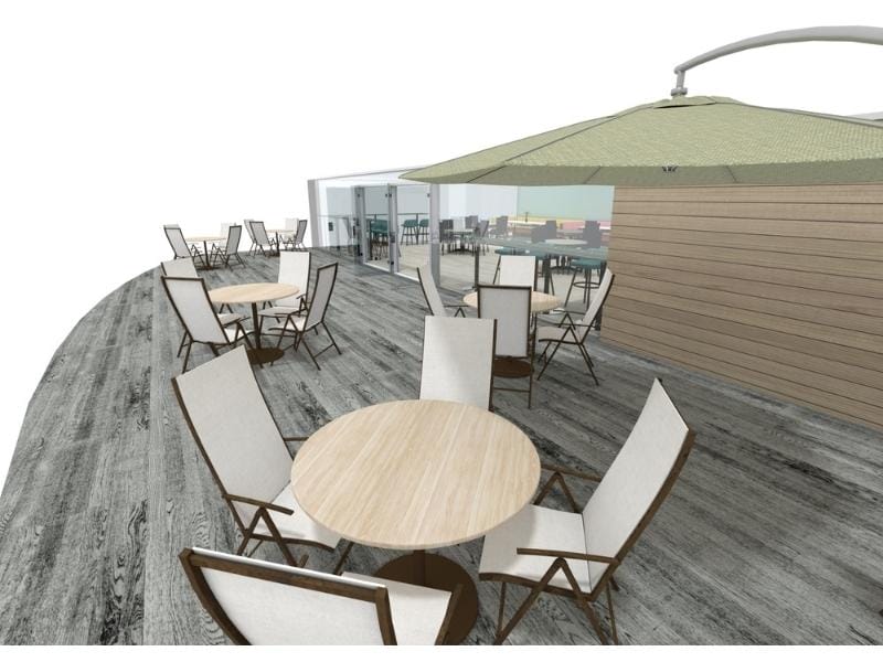 Grundrissidee für Café mit Terrasse und Sitzplätzen im Freien unter Sonnenschirmen