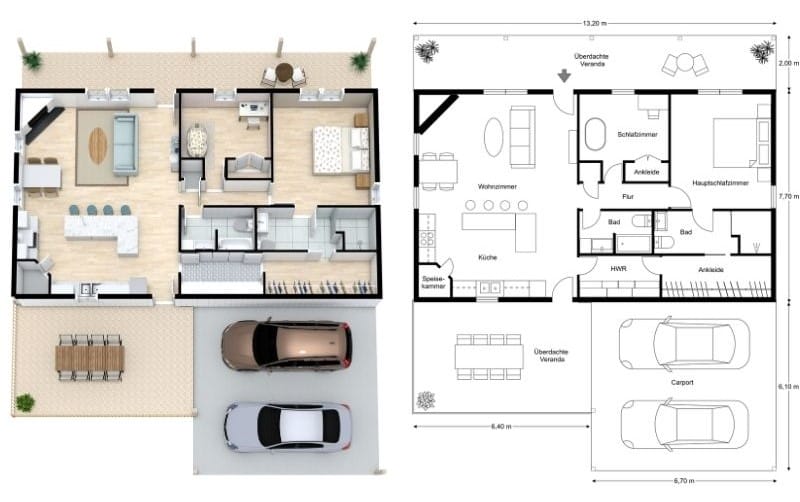 Hausplan mit zwei Schlafzimmern, überdachte Veranda und Carport