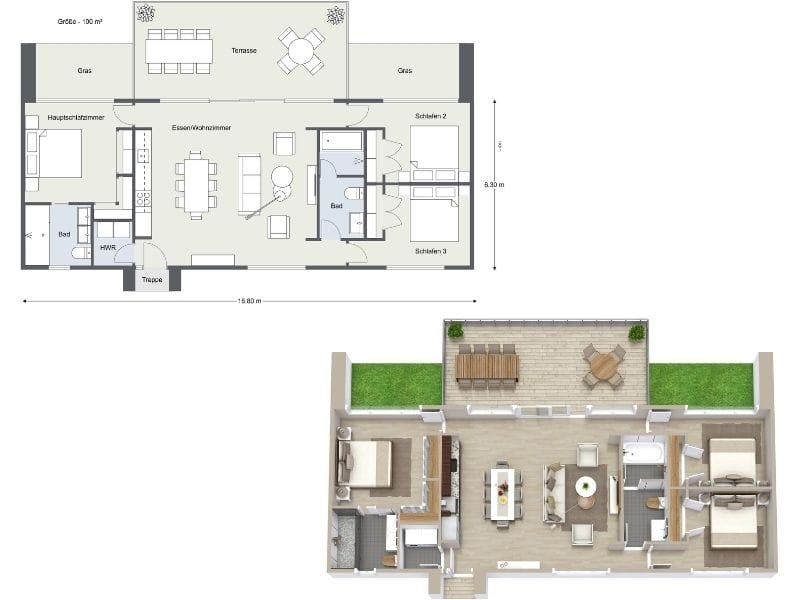Grundriss eines 100 m² großen Hauses mit offenem Wohn- und Essbereich, drei Schlafzimmern und Terrasse
