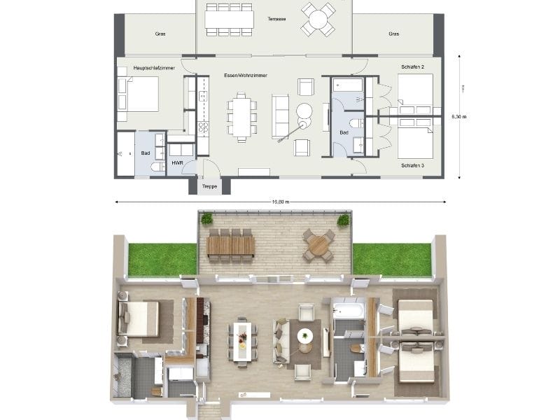 Einstöckiger Hausgrundriss mit offenem Wohnbereich, drei Schlafzimmern und großzügiger Terrasse