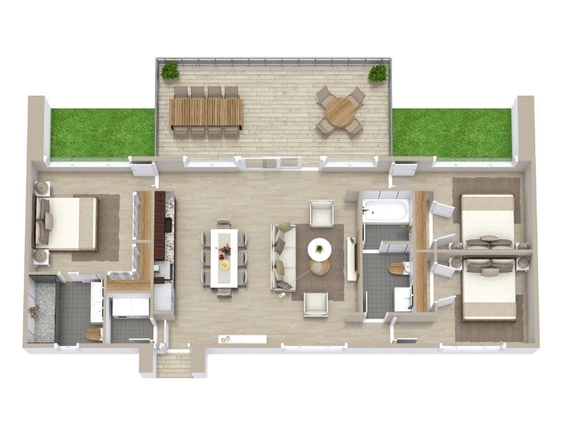 Grundrisse für 4-Zimmer-Wohnungen mit drei Schlafzimmern, großem Wohnzimmer, moderner Küche und Terrasse