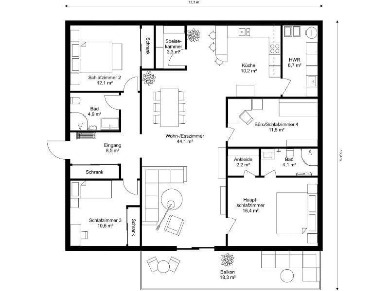 2D Grundriss für Wohnung mit drei Schlafzimmern, Balkon, Küche und großem Wohn- und Esszimmer