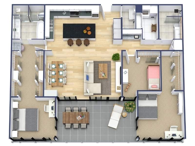 3D Grundriss für eine luxuriöse 4-Zimmer-Wohnung mit drei Schlafzimmern, offenem Wohn- und Essbereich sowie großer Terrasse