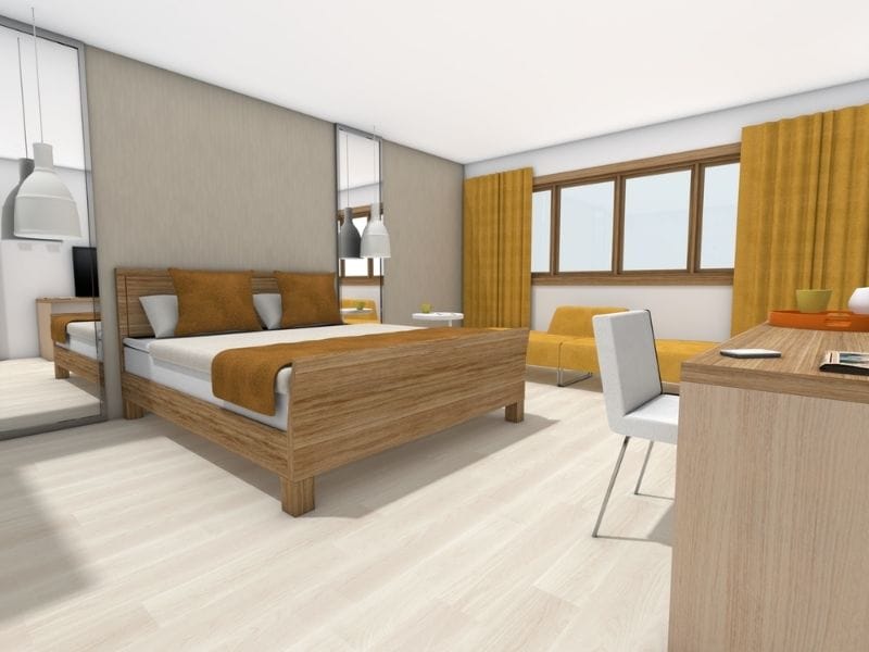 Moderner Grundriss für Hotelzimmer mit Doppelbett, Schreibtisch, Sitzbereich und durchdachter Raumaufteilung