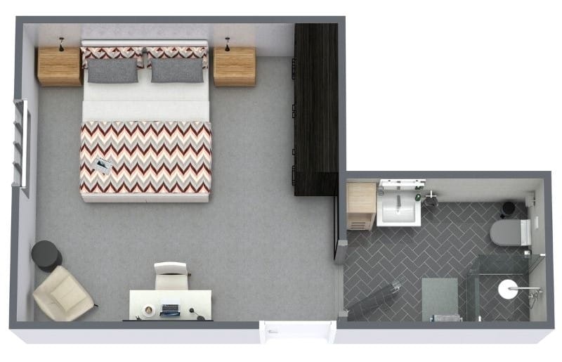 Grundriss für Hotelzimmer mit Doppelbett, separatem Arbeitsbereich und Badezimmer